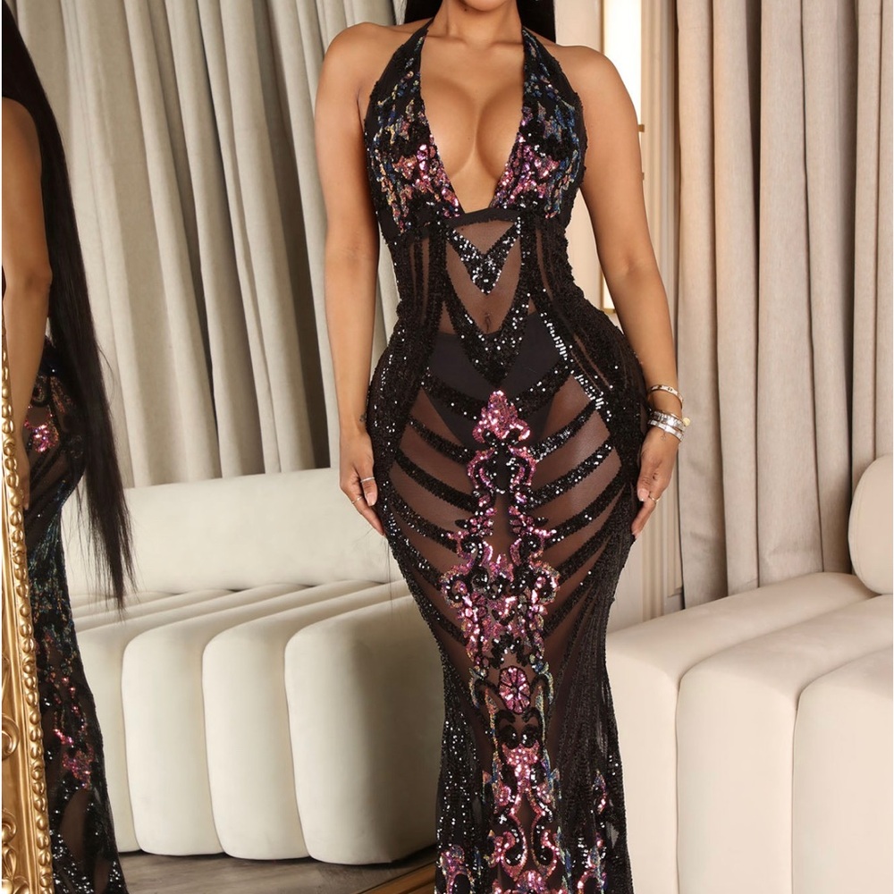 Black Halter Maxi Dress with Pink Sequin Detail